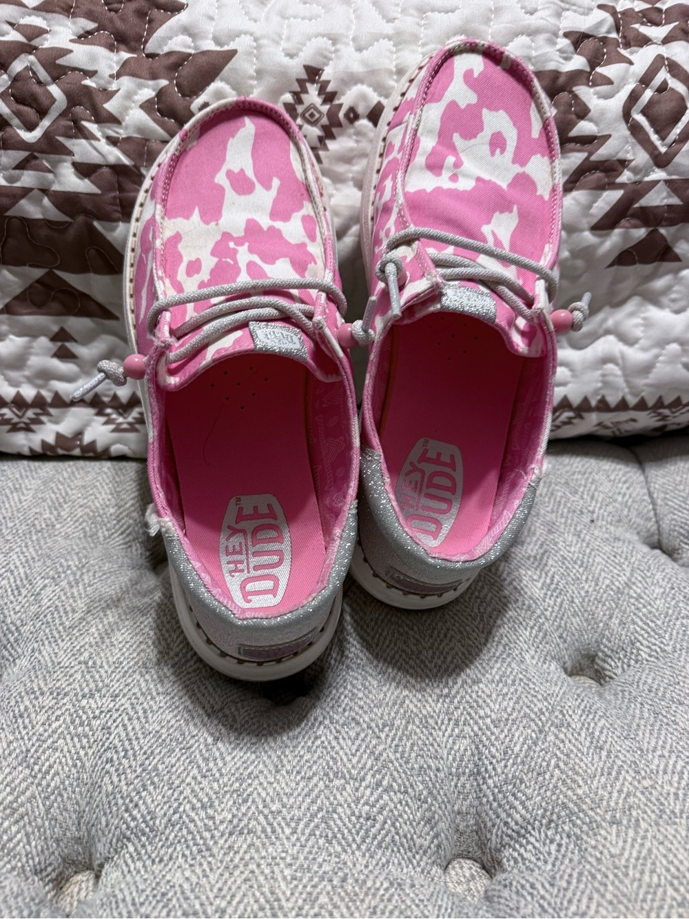 Hey Dude Kids Pink Camo Slip-Ons with Silver Accents